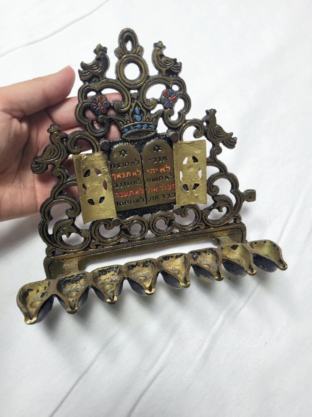 Vintage Brass Hanukkah Menorah ~ 8 Candle ~ Opening Doors Reveal Torah ~ Israel